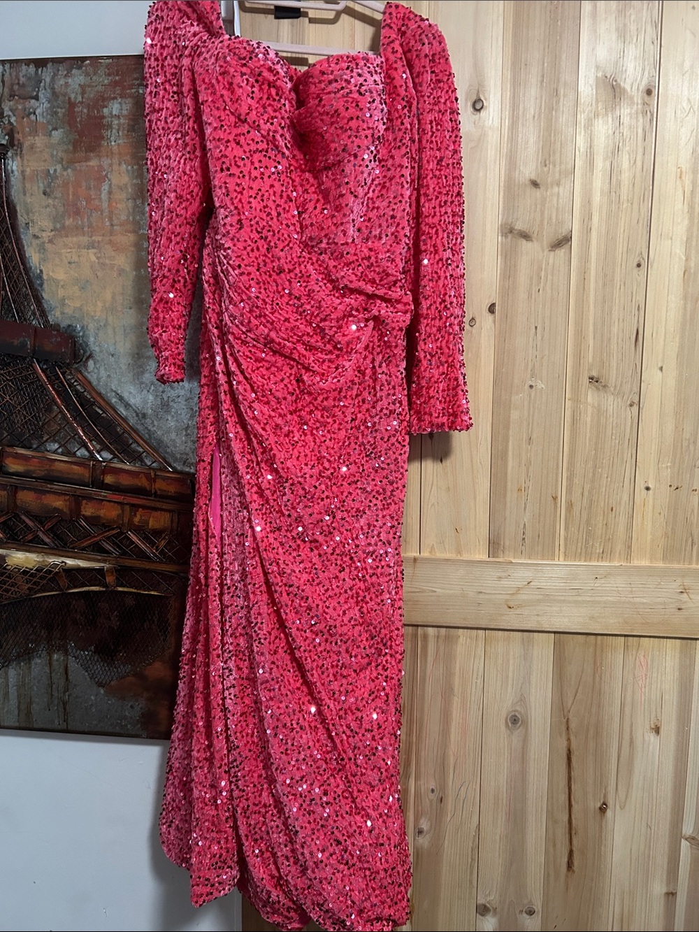 Pink Velvet & Sequin Long-Sleeve Draped Corset & Zip back Evening Dress